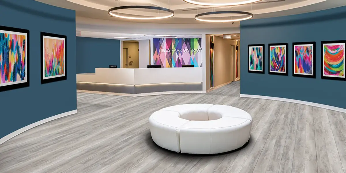 Modern lobby with colorful abstract art