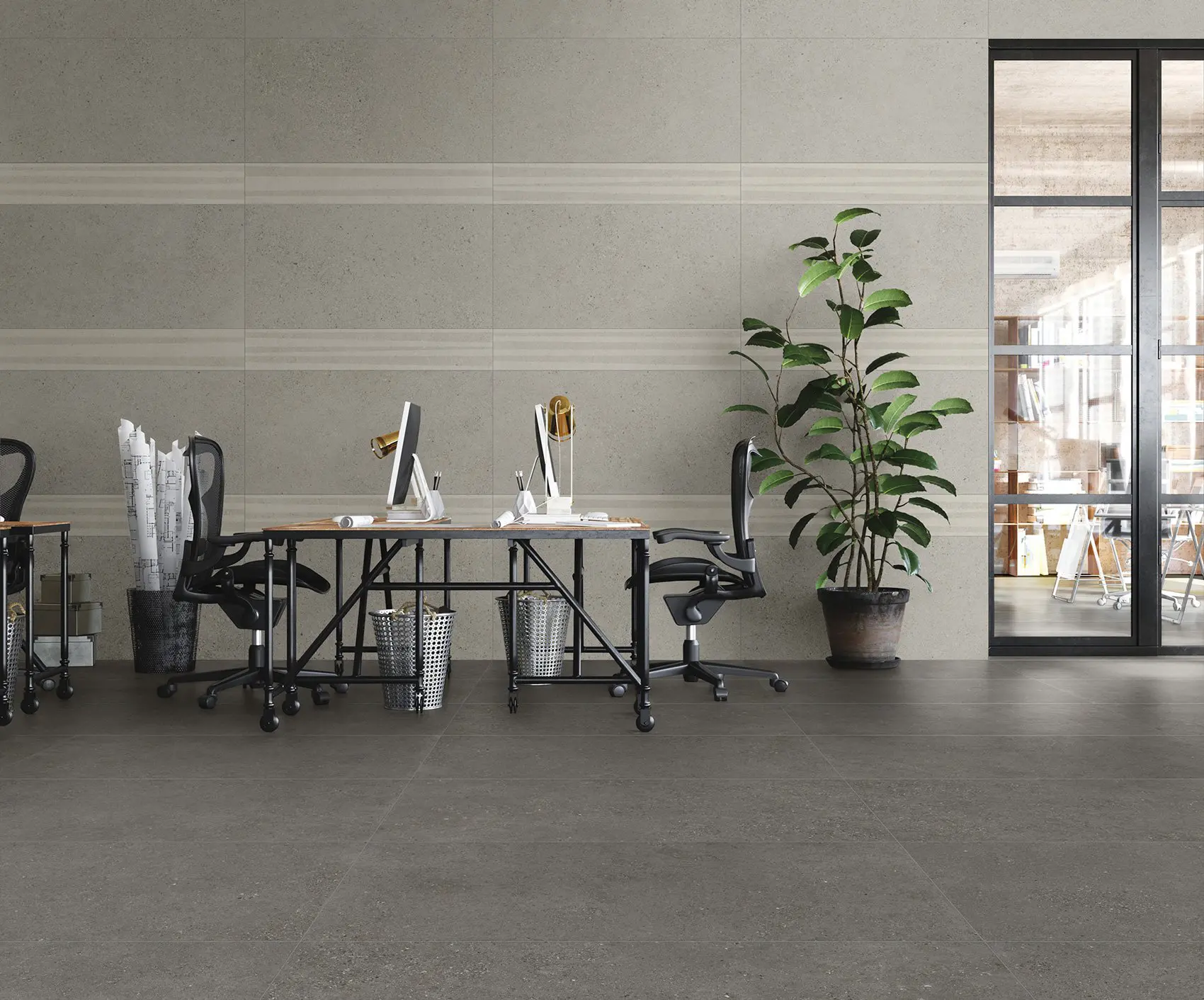 Open office design with large windows